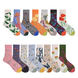 Women Socks Funny Cute Fashion Happy Colorful Botany Lotus Leaves Flowered Butterfly Mantis Cotton Female Harajuku Hip Hop Socks