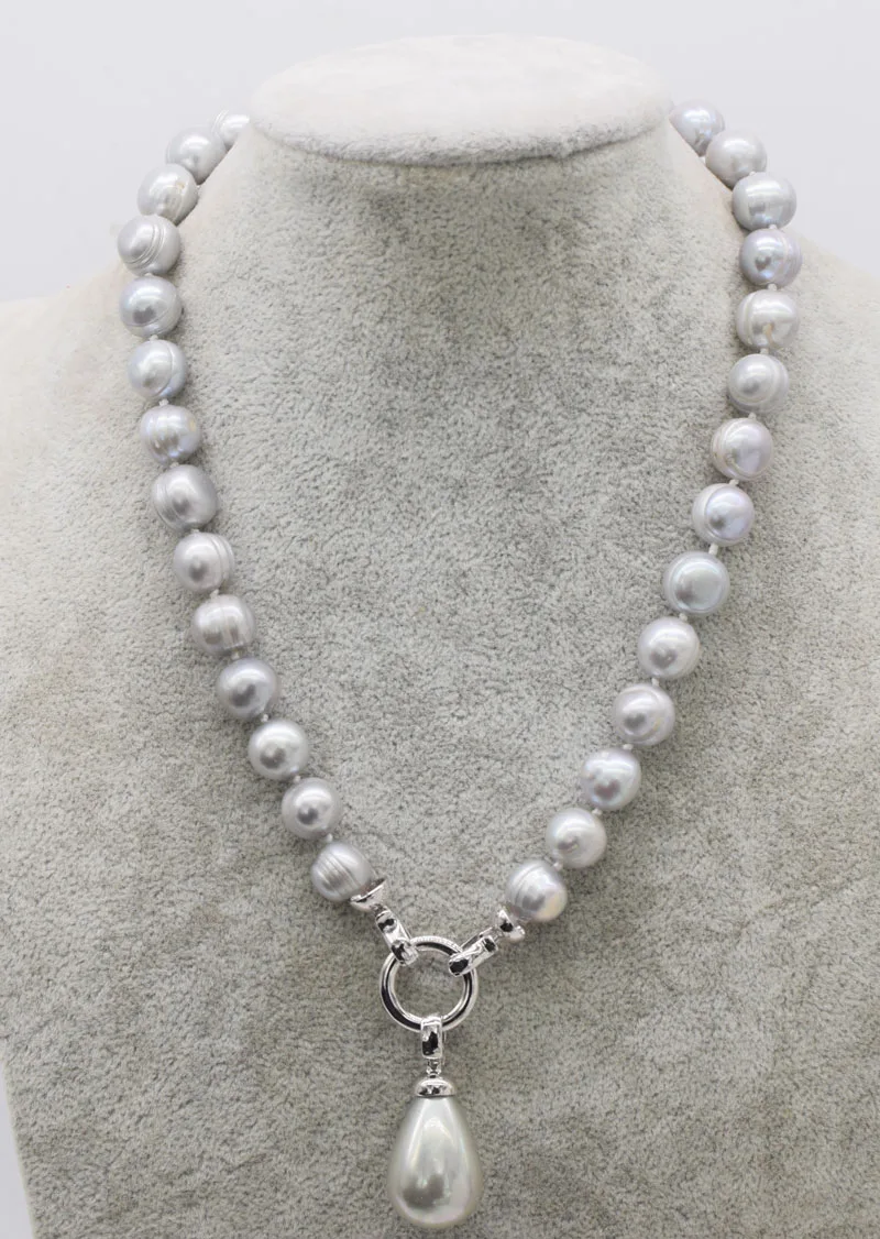 

freshwater pearl gray 11-12mm near round and shell drop necklace 18inch FPPJ wholesale beads amazing