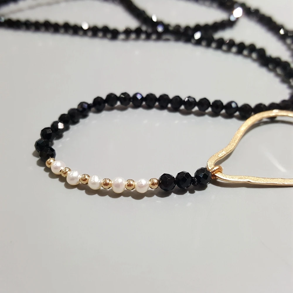 LiiJi Natural Black Spinel Freshwater Pearl 925 Sterling Silver Gold color Geometric Circle Long Necklace 65cm Delicate Jewelry