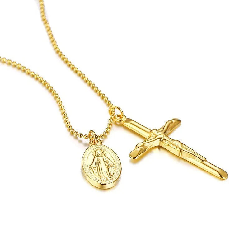Virgin Mary Miraculous Medal Cross Charm Pendant Necklace for Women Stainless Steel Women Religious Jewelery