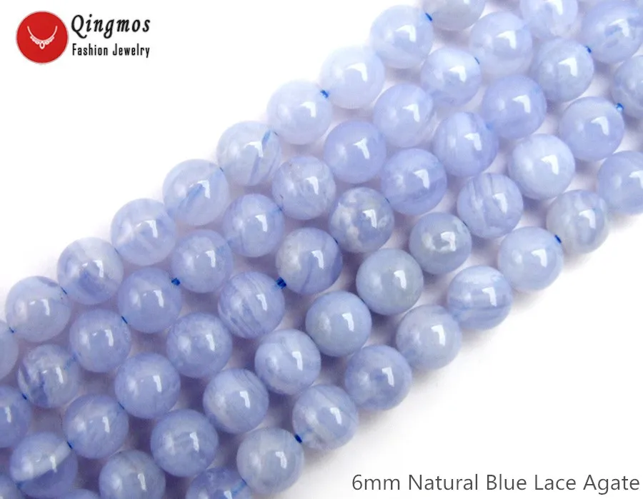 

Qingmos Natural 6mm Round Blue Lace Agates Stone Loose Beads for Jewelry Making Necklace Bracelet Earring DIY 15" Strands los816