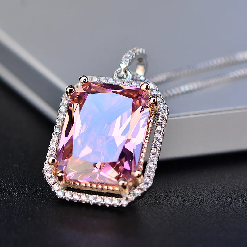 Romantic Wedding Jewelry 925 Sterling Silver Women's Necklaces Pendatns Rectangle Pink Quartz Necklace Engagement Party Gifts