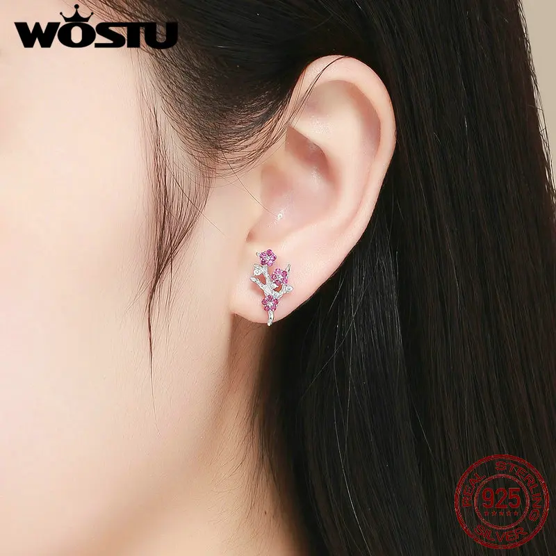 WOSTU Classic 100% 925 Sterling Silver Plum Blossom Flower Stud Earrings For Women Wedding Party Korean Fashion Jewelry CTE040