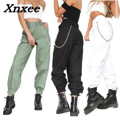 

Casual cotton loose women fashion elegant elastic waist long harem work pants baggy party trousers with pockets and chain Xnxee