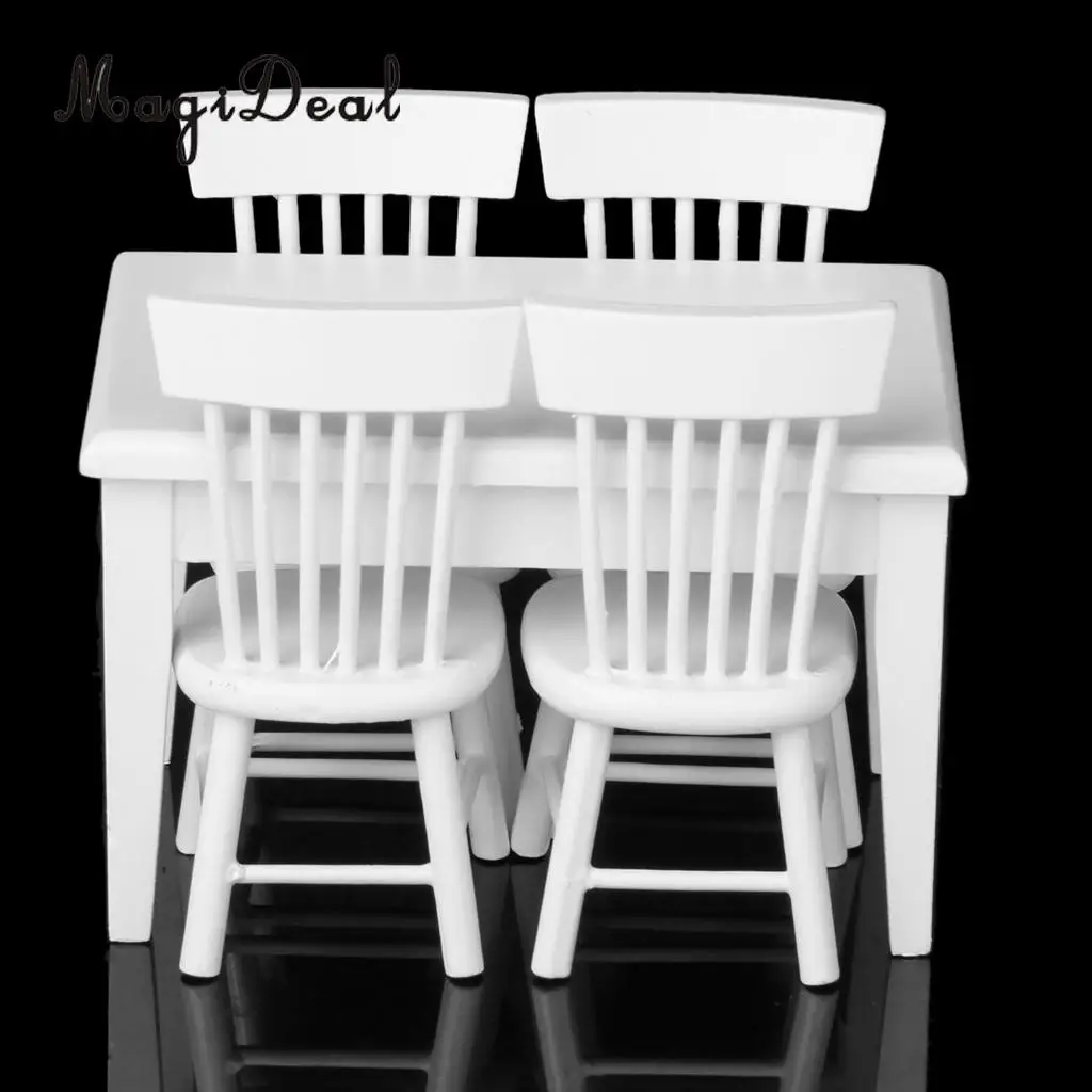 

5 Pieces Dining Table Chair Model Kit Sets 1:12 Dolls House Miniatures Furniture Decor White