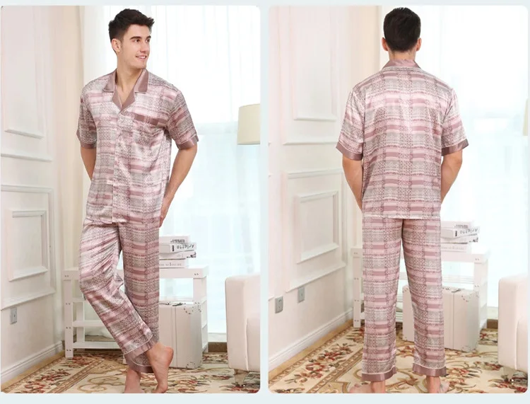 الكبار الحرير ملابس خاصة الذكور قصيرة Sleelve Homewear الرجال الحرير مشبك منامة الرجال التلابيب الحرير بأكمام قصيرة زائد حجم D-2185