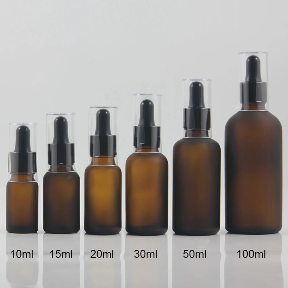 

Amber glass essential oil 10ml bottle, Shiny or Frosted bottle with black dropper n clear lids