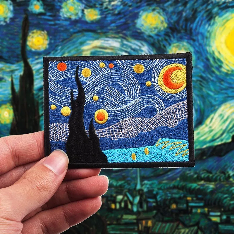 Pulaqi Van Gogh The Starry Night Iron On Patches For Clothes T-shirt Overcoat Famous Painting  Patch For Kids Men Decoration F