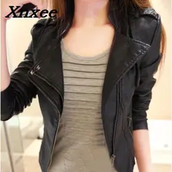 Women Short Jacket washed PU Leather Slim soft leather Coat Black outerwear women's jackets motorcycle jacket women clothing