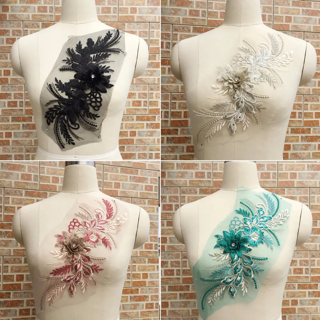 39*16cm 3D DIY Lace Flower Embroidery Bridal Applique Pearl Beaded Tulle  Motif 4 Colors