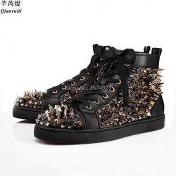 Qianruiti Men Spiked Sneakers High Top Rivets Studded Shoes Platform Flats Lace Up Casual Shoes Black White Red Gold