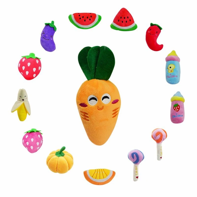 Funny Dog Toys Pet Puppy Chew Squeaker Squeaky Plush Sound Fruits Vegetables And Feeding Bottle Toys Lollipop Orange Pumpkin