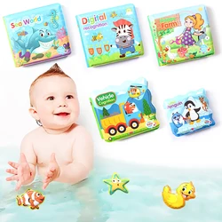 Juguete de baño de agua para bebés, libro de baño de natación, juguete educativo temprano con BB Shistle, libro de baño Digital de animales de aprendizaje