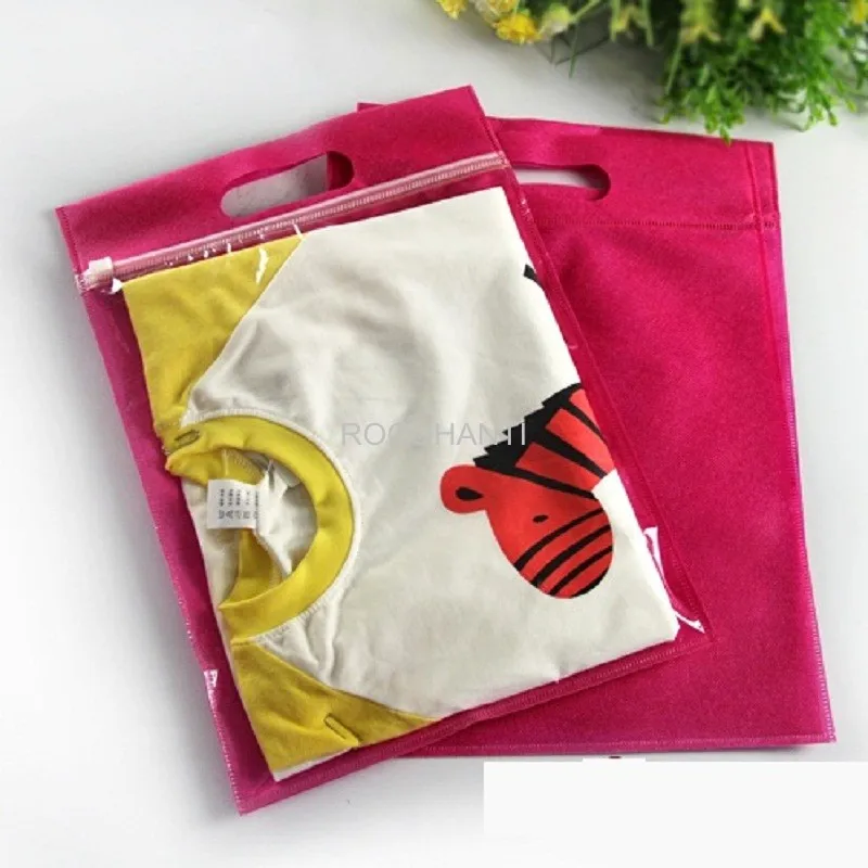 High quality one side clear zipper plastic bag one side non-woven bags for children's clothing T shirt gift retail packaging bag