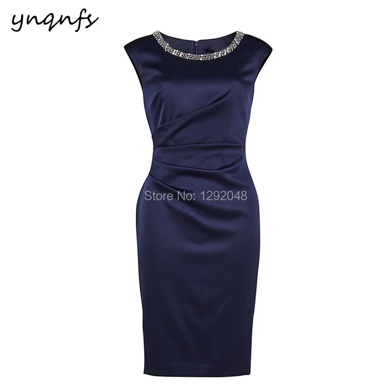 YNQNFS M111 Sheath Cap Sleeve Crystal Satin Dress Party Gown Guest Wear Knee Length Navy Mother of the Bride Groom Dresses