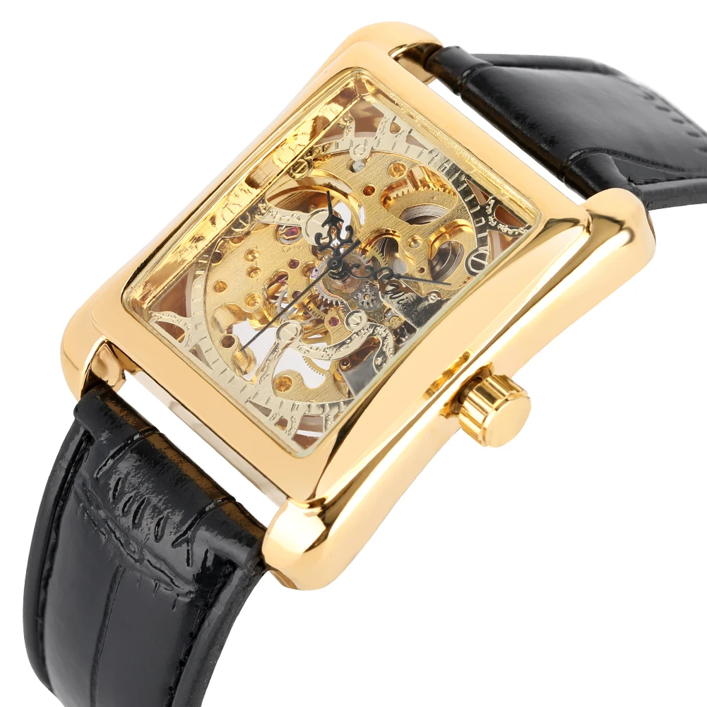 Men\'s Mechanical Watches With Hand-Wind Rectangle Gold Case Leather Strap Wristwatch Skeleton Watch