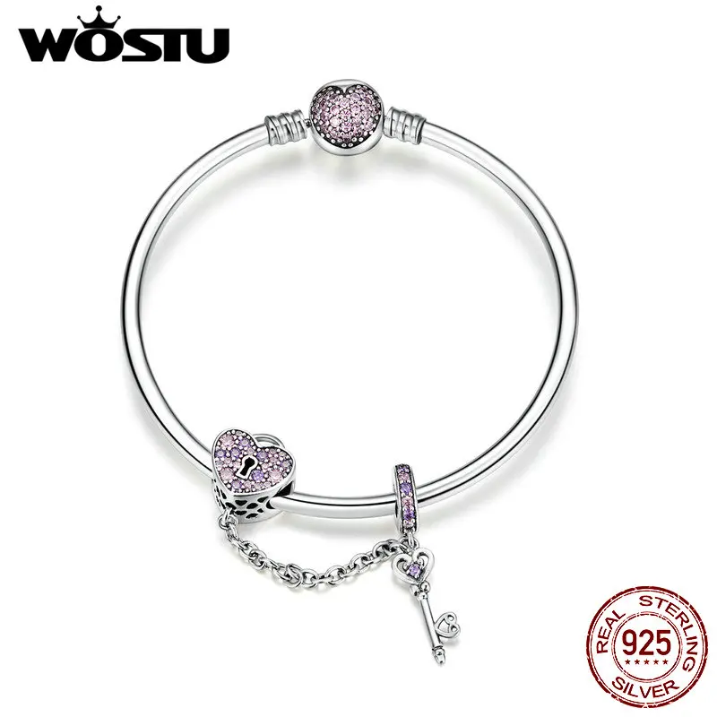 WOSTU New Arrival 925 Sterling Silver Heart Lock Beads Charm Bangles & Bracelet For Women Sparkling Fashion Jewelry Gift CQB820