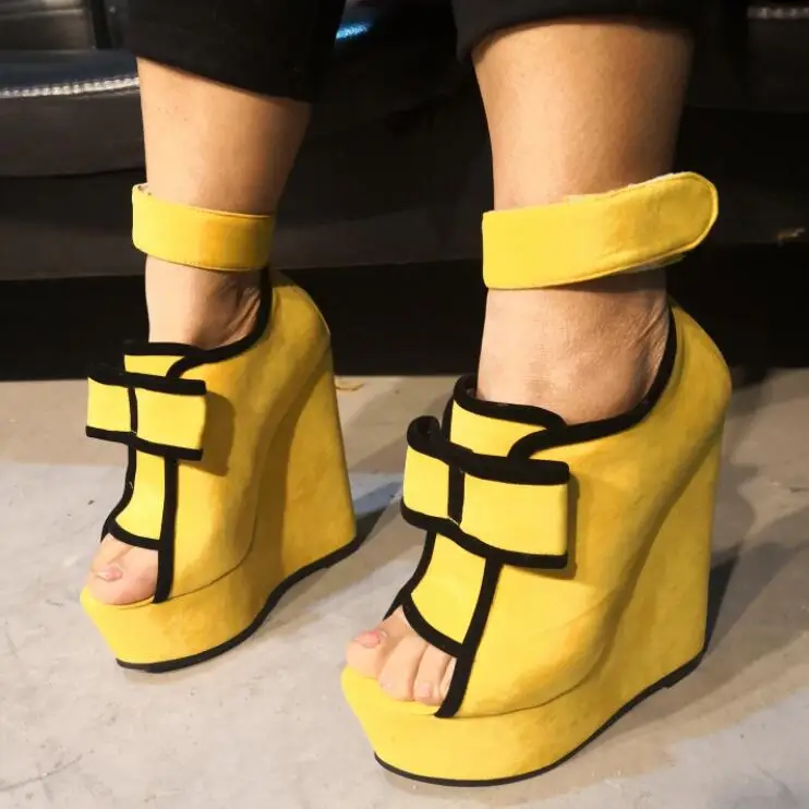 Sexy Ladies Bordured Banana Yellow Bowtie Sandals Summer Magic Tape Gladiator Wedge Heels Peep Toe Contast Color Ankle Bottines