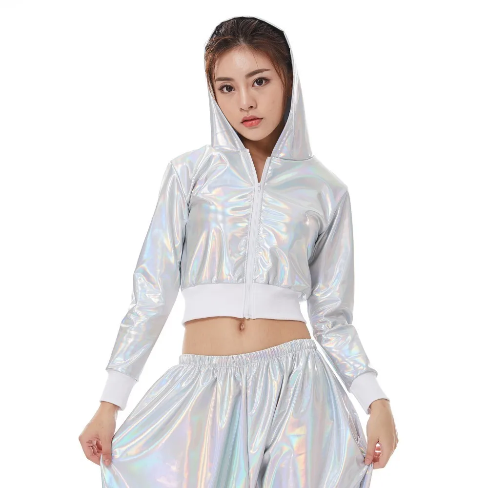 Women's Fluorescent White Hip Hop Ultra-short Tops, Sexy Dance, Jazz Stage Performance Wear with A Hood, Long Sleeve Jacket