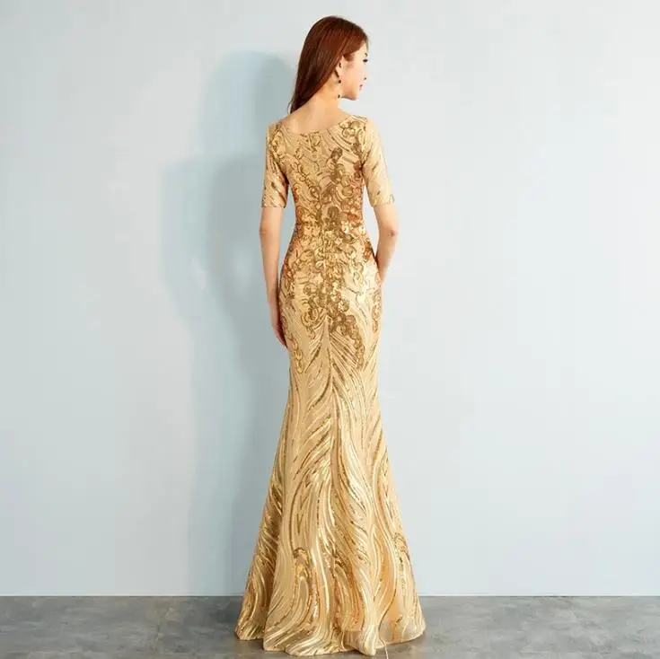 BANVASAC Elegant O Neck Gold Sequined Mermaid Long Evening Dresses Lace Illusion Short Sleeve Party Prom Gowns