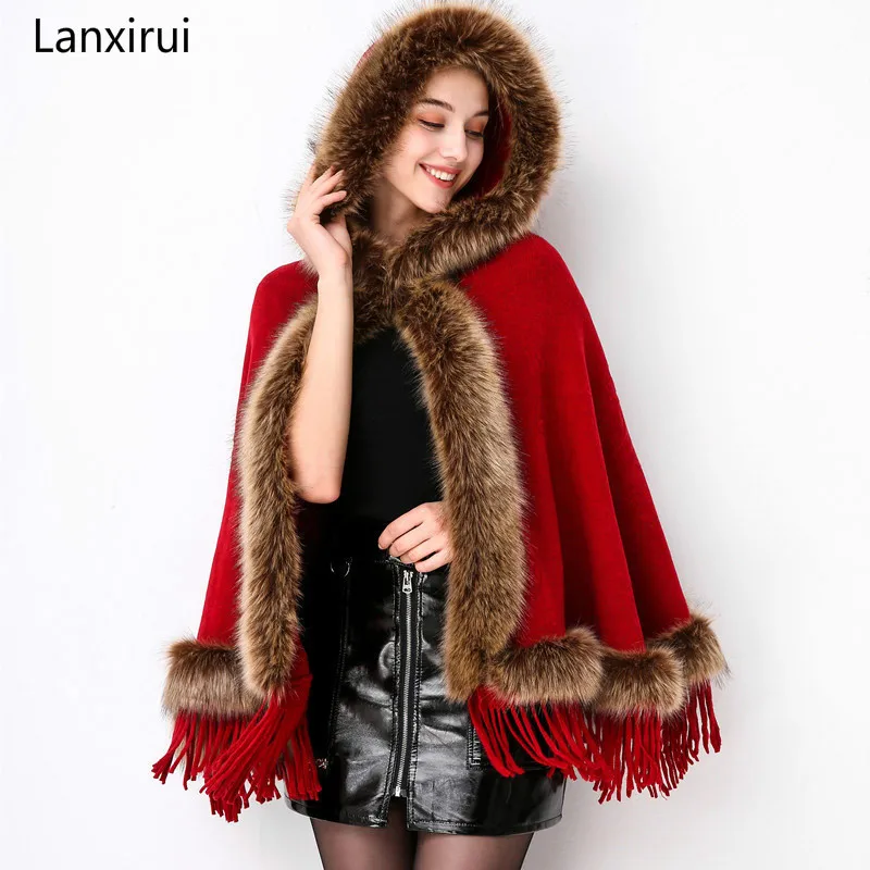 

Women Autumn Winter Knit Cashmere Poncho Hooded Good Faux Fox Fur Cape Cloak Tassels Shawl Pashmina Coat Wraps retail