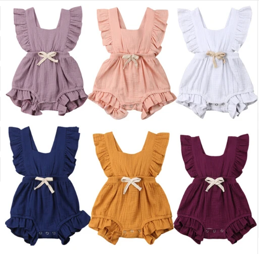 

Newborn Baby Girls Ruffle One-Pieces Sleeveless Solid Color Backless Bow Romper Jumpsuit Outfits Summer Cotton Girl Clothes