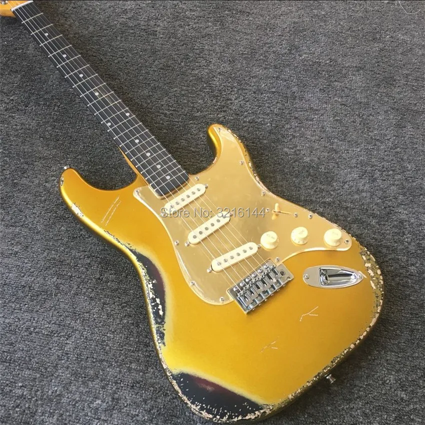 Auf lager, inventar antike tun alten elektrische gitarre. Gold, antike relic gitarren, echt fotos, goldene spiegel platte