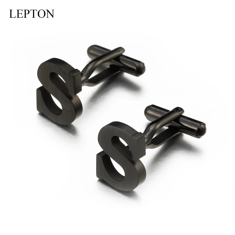 Lepton Stainless steel Letters S Cufflinks for Mens Black & Silver Color Letters S of alphabet Cuff links Men Shirt Cuffs Button