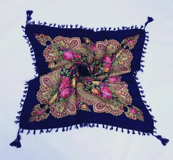 Print Scarf Shawl Russian Pattern Tassel Square Scarf Female Winter Cotton Aztec Hijab Wrap Head Scarf 90*90cm 130g