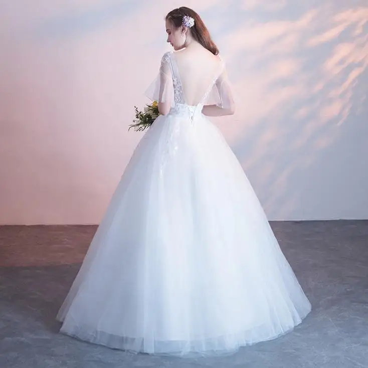 VENSANAC 2019 V Neck Ball Gown Lace Appliques Wedding Dresses Illusion Flare Half Sleeve Bow Sash Backless Bridal Gowns