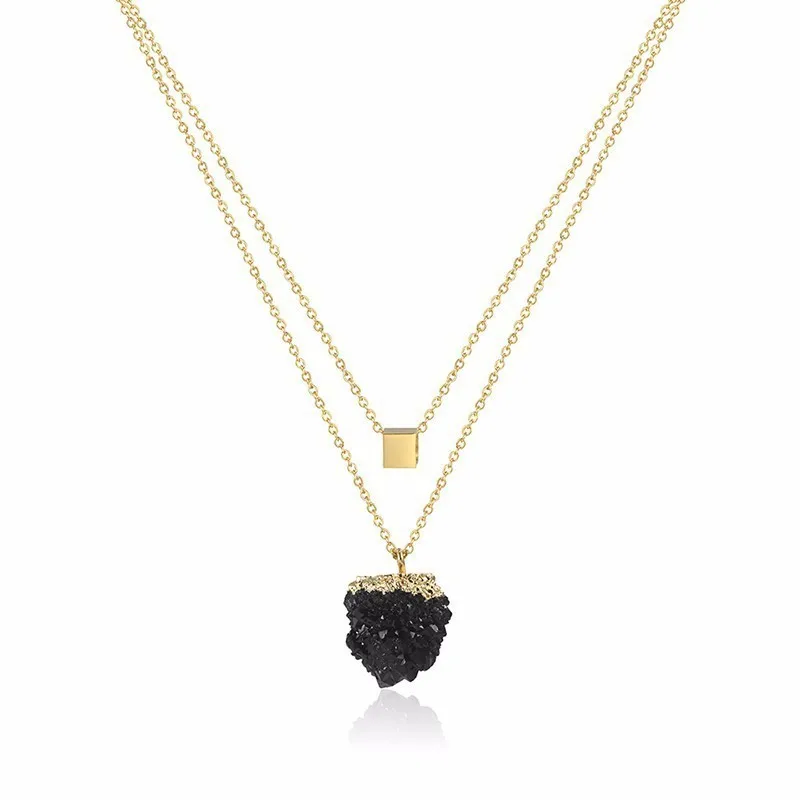Minimalist Stainless Steel Color Druzy Necklace Quartz Stone Ladies Jewelry Girl's Best Gift