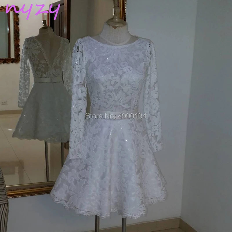 

NYZY C56 robe de cocktail courte Long Sleeves Low Back Lace White Party Dress Evening vestidos de festa curto 2019