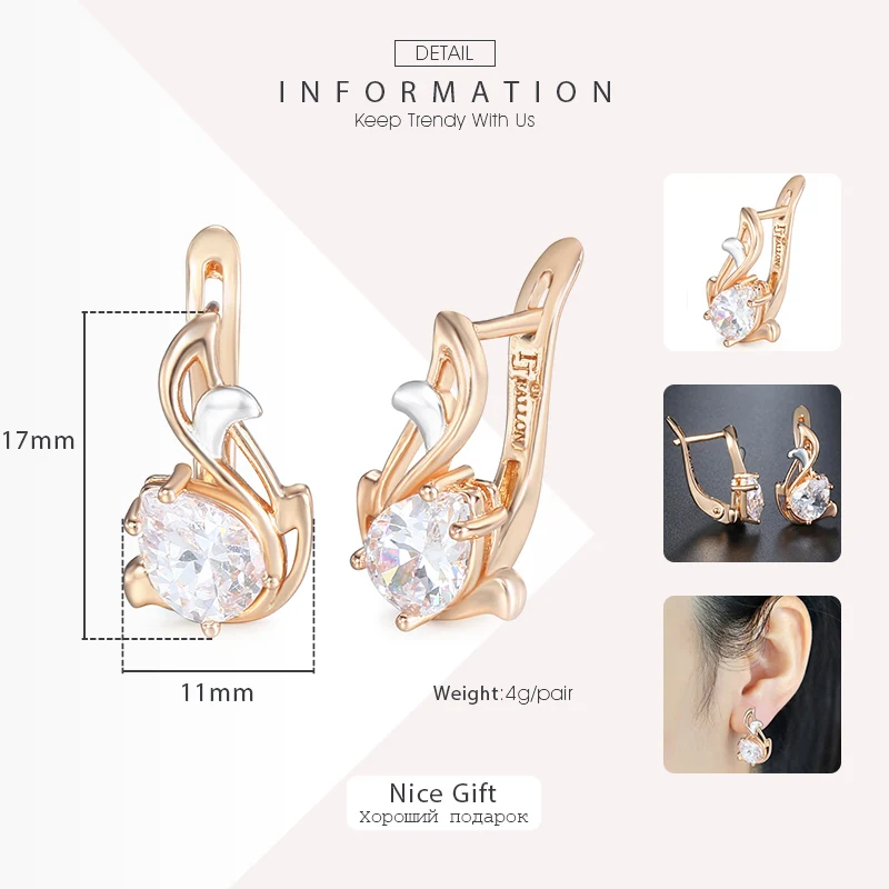 Davieslee Round Clear CZ Dangle Earrings for Women Cubic Zirconia 585 White Rose Gold Color DGE104