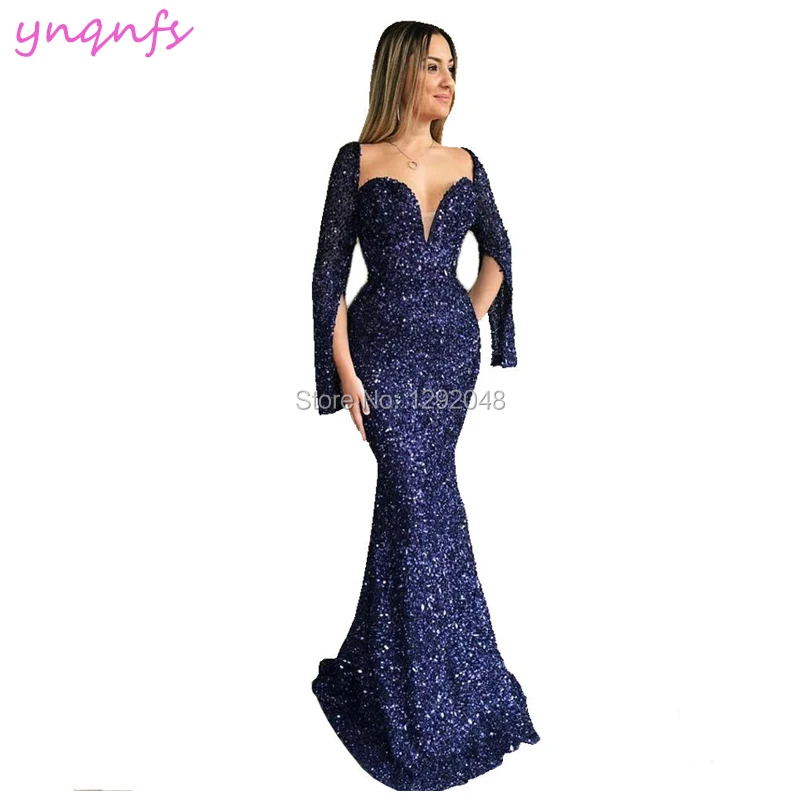 

YNQNFS E38 Women Elegant Cap Sleeve Bling Sequin Gown Mermaid Navy Blue Evening Dress 2024 party dresses Long Sleeve