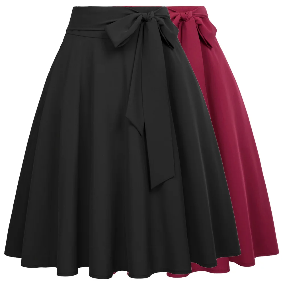 Belle Poque Skirts Women Vintage Solid Color High Waist Big Swing Knee Length Self-Tie Bow-Knot Embellished  A-Line Ladies Skirt