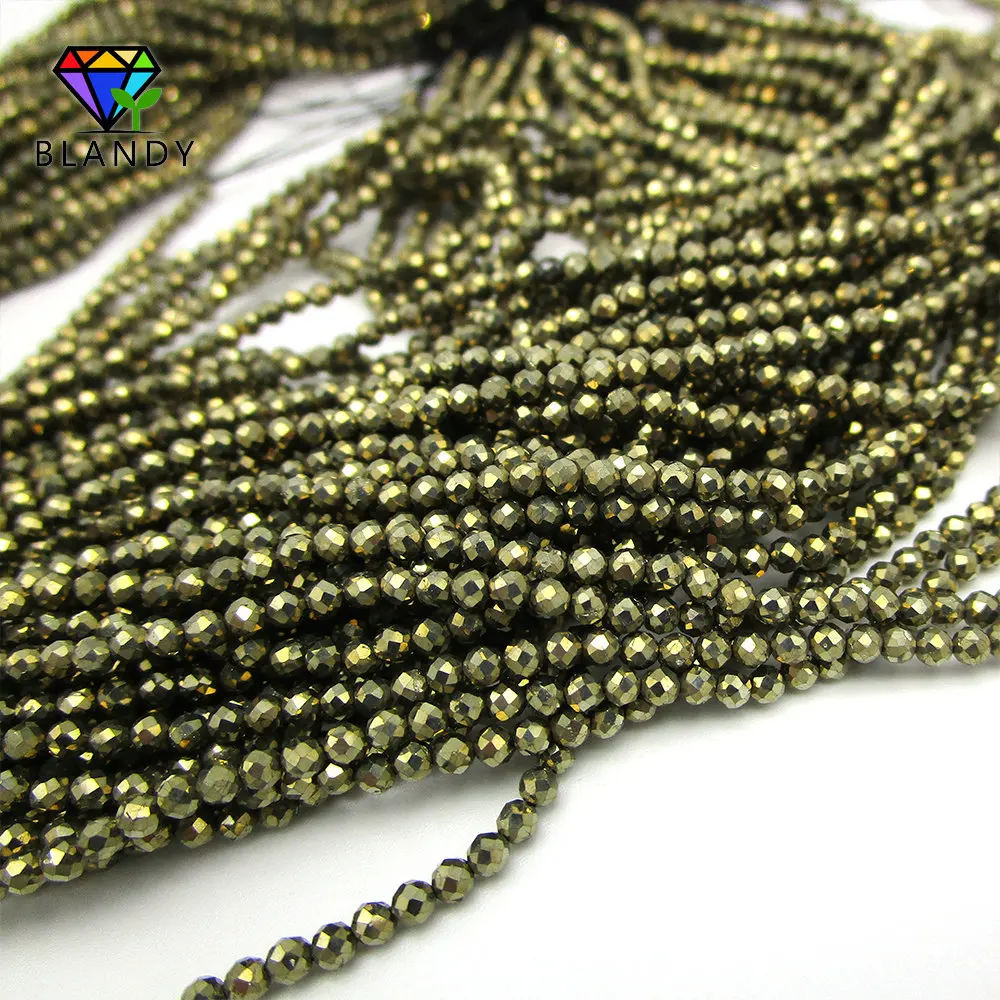 40CM per String 2.0mm Round Faceted Cut Natural Marcasite Stone Beads For Jewelry Making