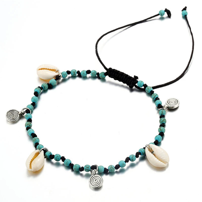 Bohemian Spiral Turquoises Shell Anklets Women Vintage Adjustable Woven Rope Bracelet on Leg Beaded Anklet Ankle Boho Jewelry