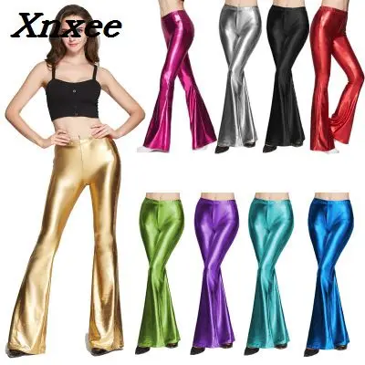 

Faux leather leggings women PU leather bell-bottom pants high elastic shiny casual stretch flared trousers Xnxee