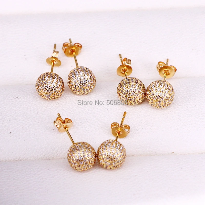 6Pairs ZYZ-9725 Round Ball Stud Earrings for Women Clear CZ Crystal Gold/Rose Gold/Black / Silver Color Earrings Female Fashion