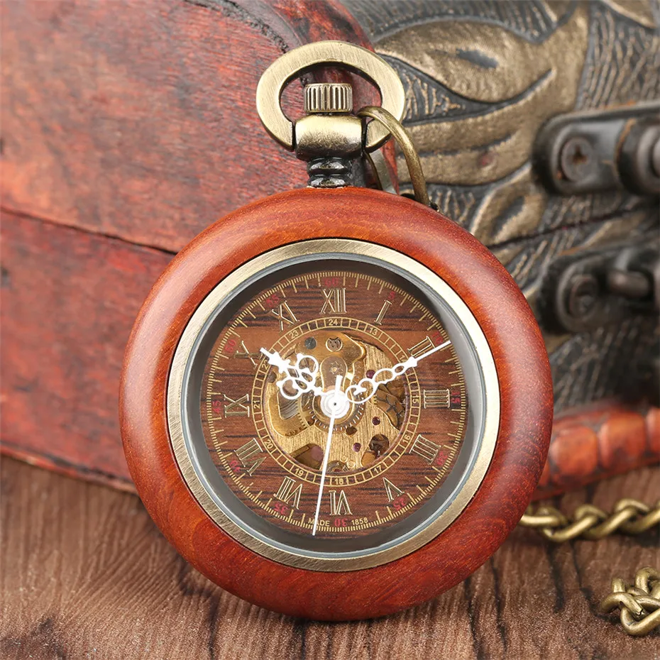 Red Wooden Mechanical Pocket Watch Automatic Self-Wind Pocket Pendant Clock Luxury Watch for Men Women with 30cm Bronze Chain