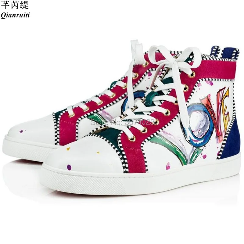 

Qianruiti Mixed Color Sneakers Men Shoes High Top Graffiti Flats Round Toe Lace Up Trainers Shoes Men Runway Casual Shoes