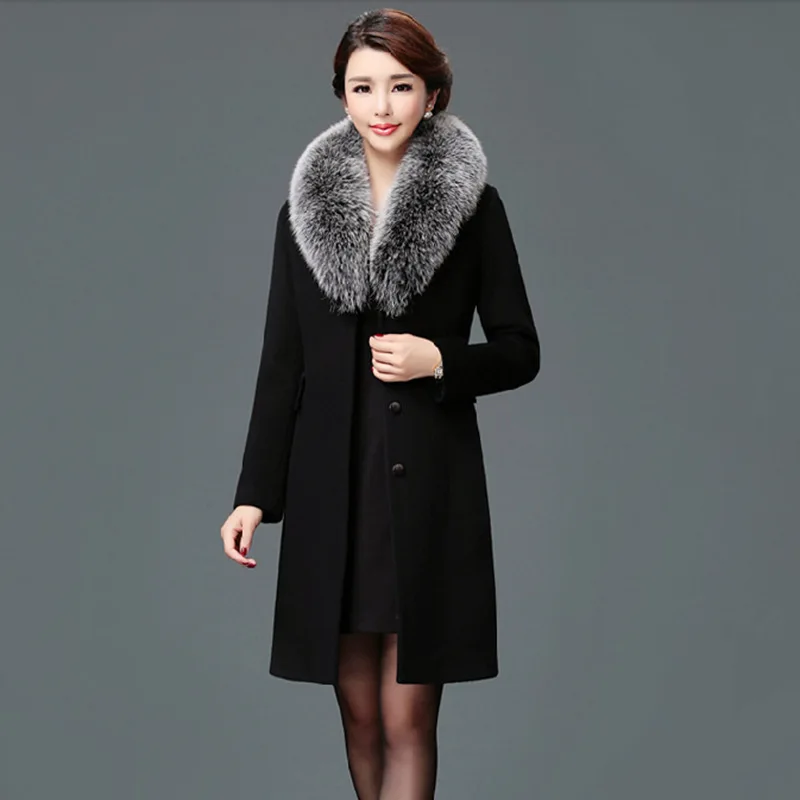 Elegant Solid Long Woolen Winter Coats Slim Pockets Office Wool Coat and Jacket Covered Button Fur Collar Ladies Coats