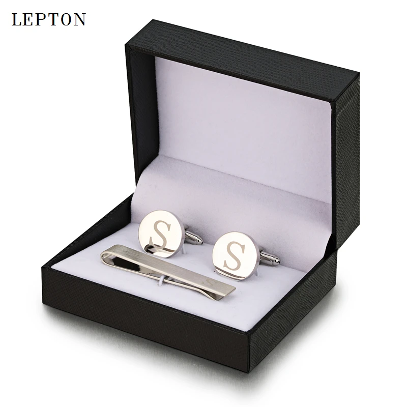 

Lepton Round Laser Letter Cufflinks And Tie Clips Set Letters S Cuff links For Mens French Shirt Cuffs Cufflink Relojes Gemelos