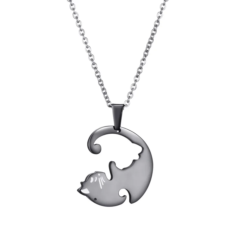 Aiovlo 1 Pair splice Cute His and Her Couples Necklaces Stainless Steel Beloved Pet Cat Pendant Necklace for Beloved Gift