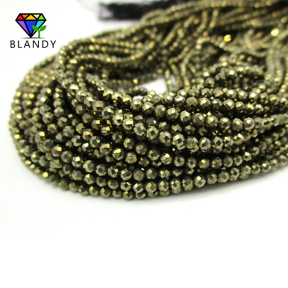 40CM per String 2.0mm Round Faceted Cut Natural Marcasite Stone Beads For Jewelry Making