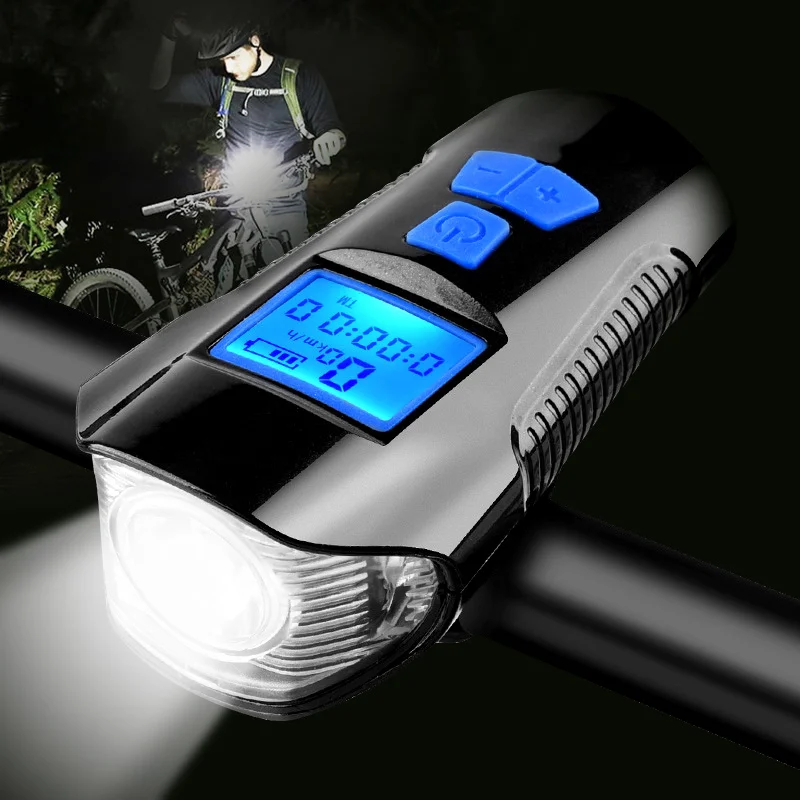 Waterproof Bicycle Bell With Light USB Charging Bike Front Light Flashlight Handlebar Cycling Head Light w/ Horn Speed Meter LCD