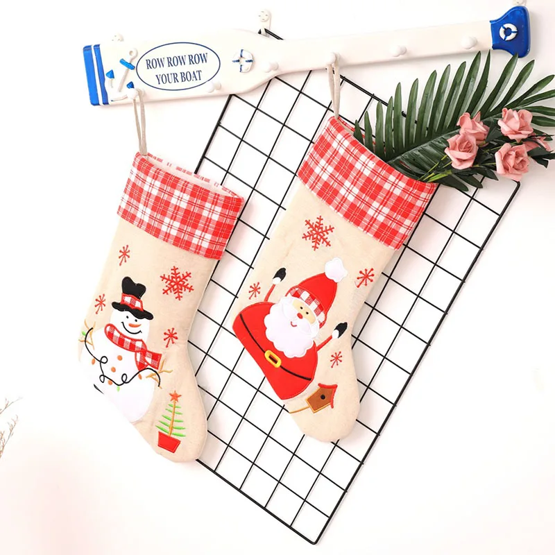 

2/pcs Linen Embroidered Christmas Stocking Santa Claus Socks Santa Sacks Xmas Presents Gifts Christmas Decorations for Home 2018