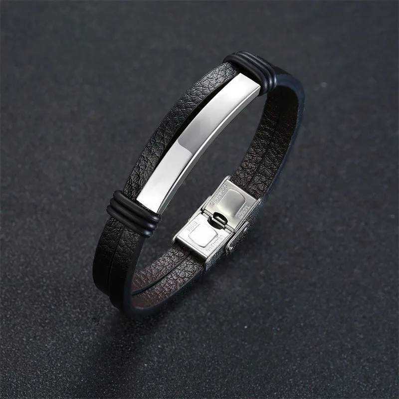 Vnox Mens Black Leather Bracelets Personalized Engraving Customize Info pulsera masculina 8.07\