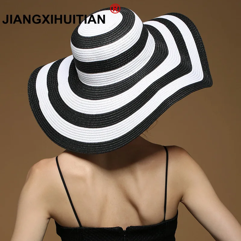 Hot Sale Fashion Hepburn Wind Black White Striped Bowknot Summer Sun Hat Beautiful Women Straw Beach Hat Large Brimmed Hat