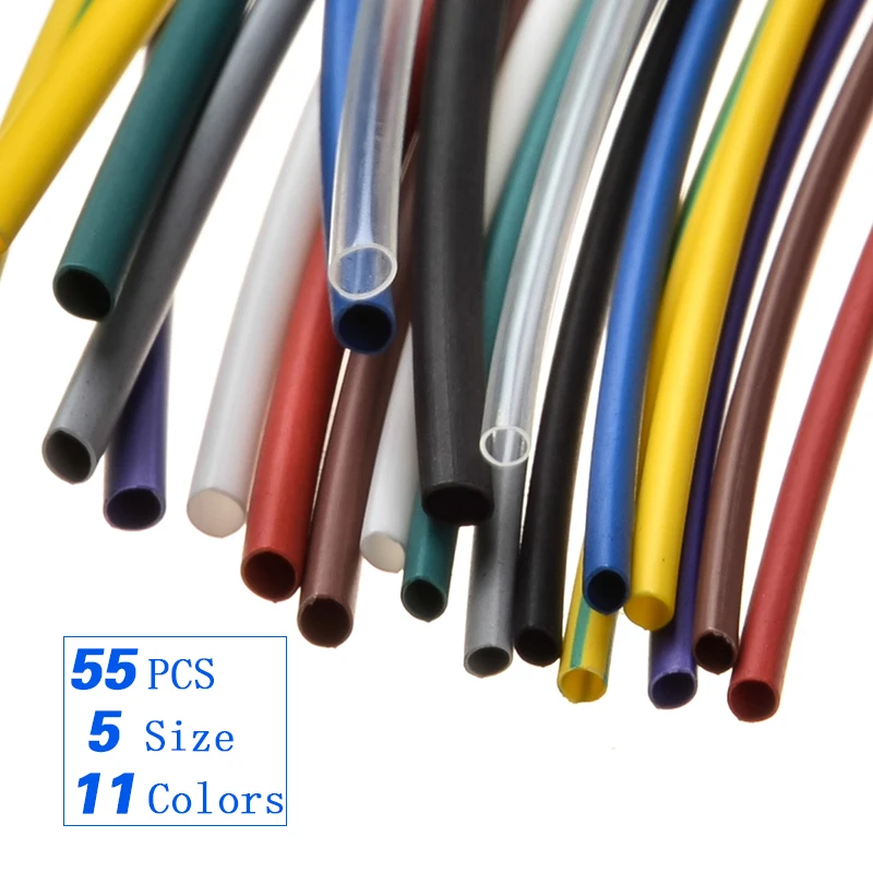 55 Pcs 1.0 /1.5/2.5/3.0/5.0 mm Universal Heat shrink tubing Set Assortment Shrinkable Tube Hoses 11Color